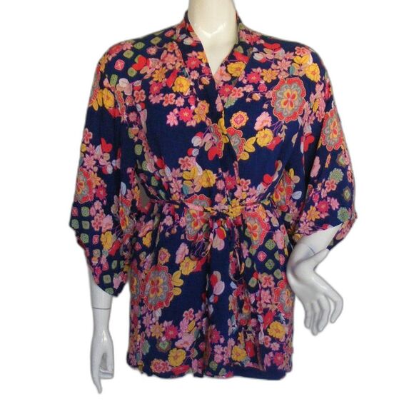 Natori Other - JOSIE Natori Kimono Robe, M, Blue, Multicolor floral, Short, Sash belt, Rayon